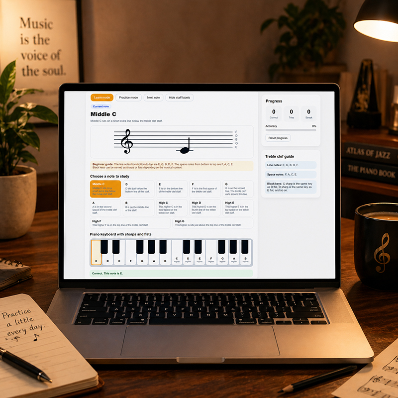 A laptop on a cozy wooden desk shows a piano learning app with a treble clef staff and note exercises. The scene is warmly lit with a desk lamp, jazz books, a coffee mug with a treble clef, and a notebook, creating a calm music practice environment.