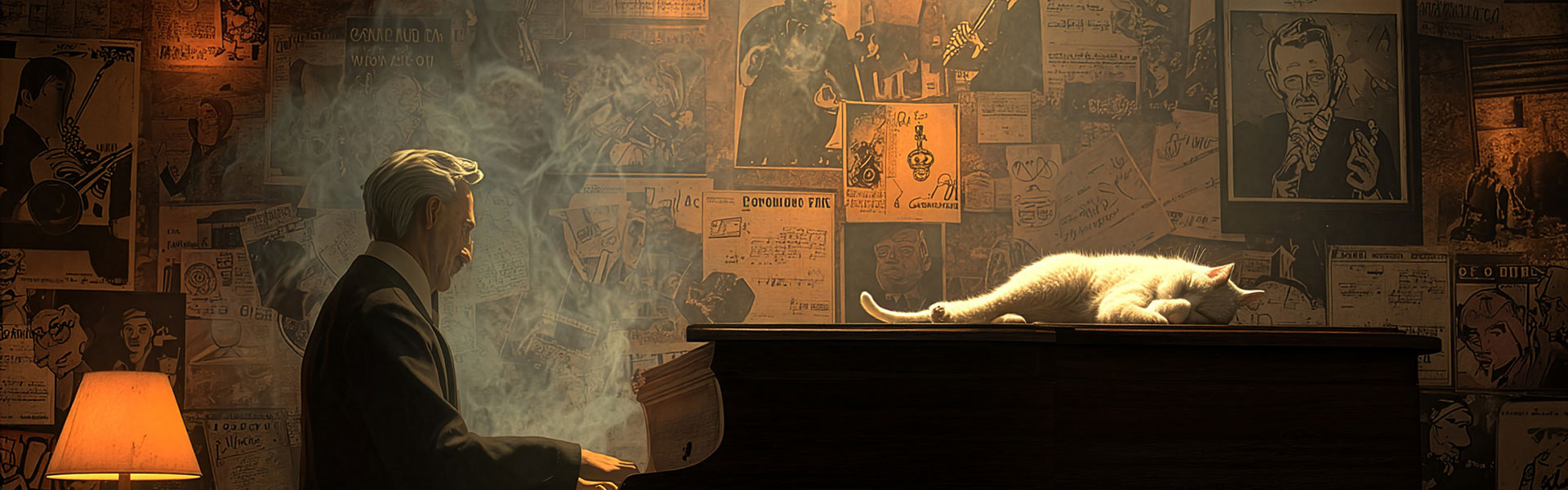a picture of a slim middle-aged white man playing the piano in a distance with a cute cat sleeping on the piano in a darkened smokey room with jazz posters on the walls, books, notes