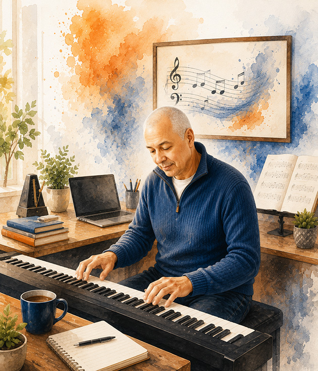 at the piano