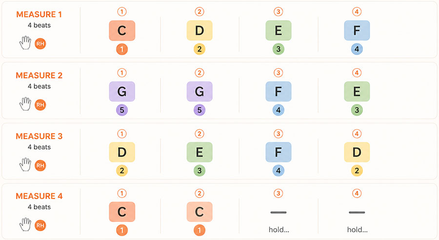 Four-measure beginner piano melody using C, D, E, F and G with right-hand finger numbers