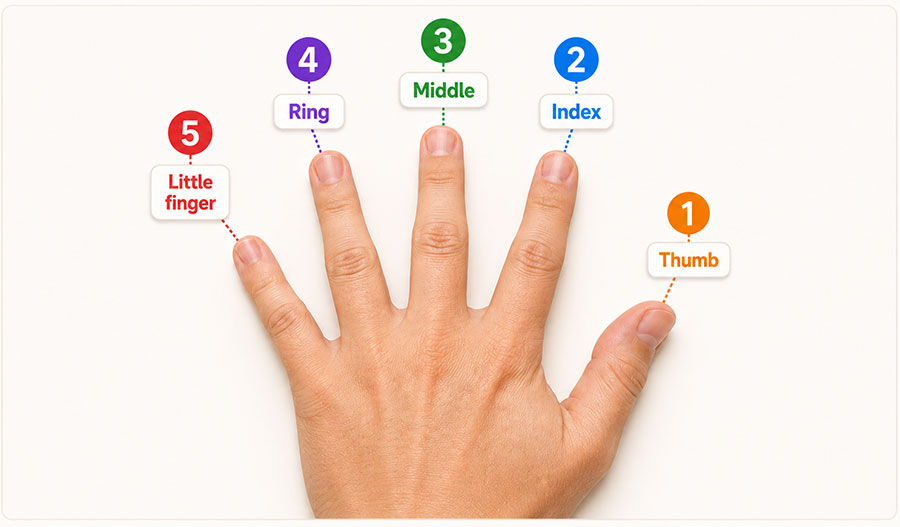 Left-hand piano finger numbers: thumb 1, index 2, middle 3, ring 4, little finger 5