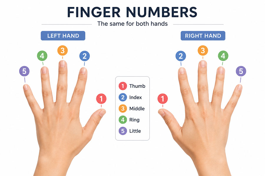 Piano finger numbers for the left and right hands, from thumb 1 to little finger 5.