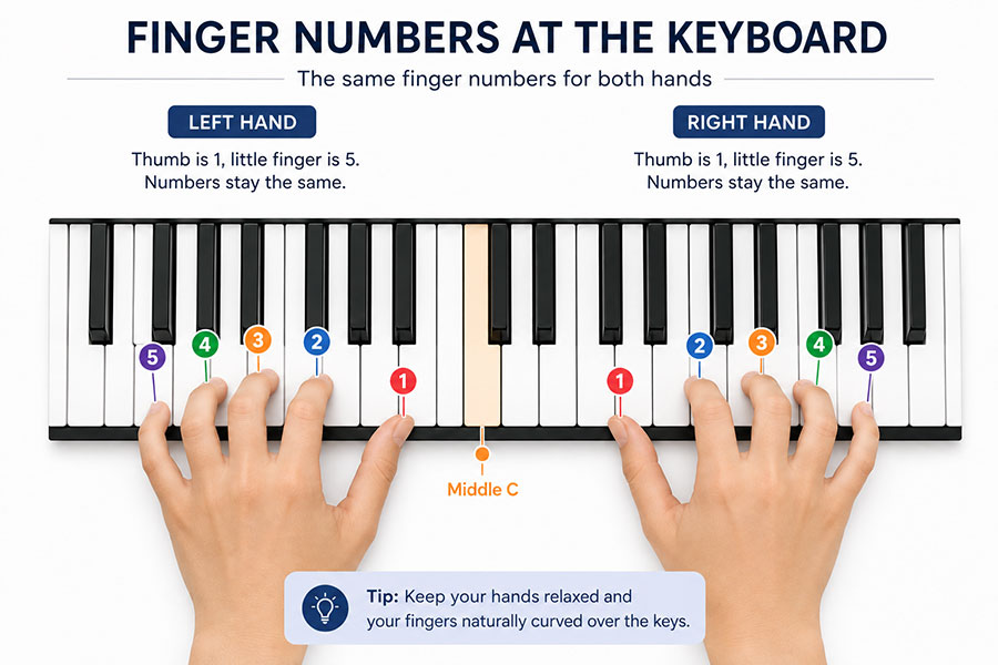 Left and right hand finger numbers shown above a piano keyboard with Middle C highlighted.