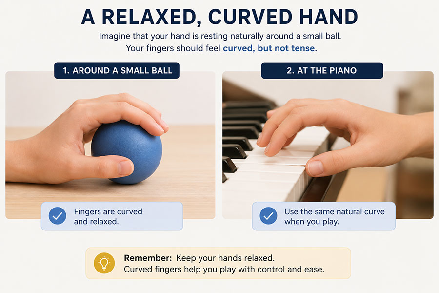 Relaxed curved hand position demonstrated with a small ball and on piano keys.