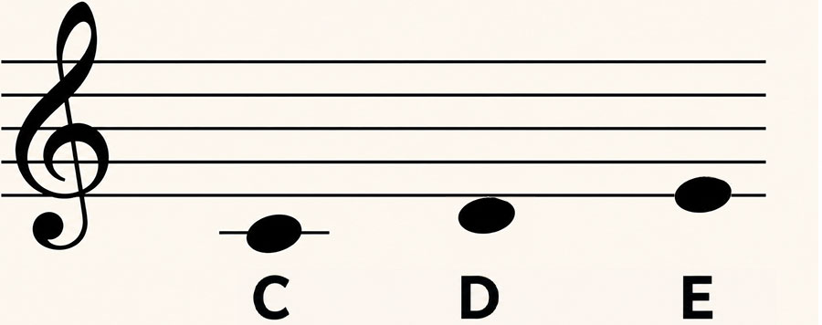 C, D and E shown in ascending positions on the treble clef staff