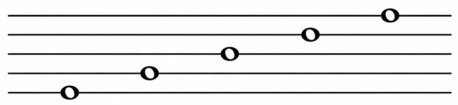 Five noteheads positioned on the five lines of a musical staff